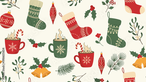 Festive Christmas seamless pattern featuring stockings, mugs of hot cocoa, ornaments, and holly leaves on a warm cream background.
