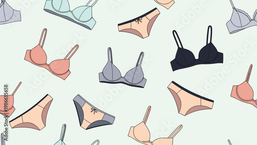 Stylish seamless pattern of assorted feminine underwear and bras in muted colors scattered across a soft mint green background.