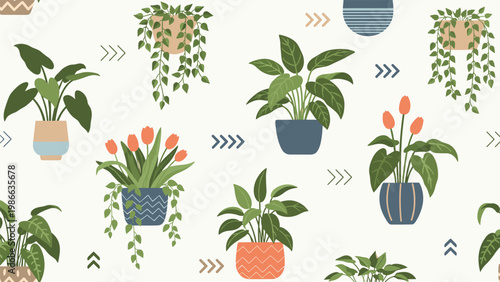 Modern seamless pattern of diverse houseplants in decorative pots accented with geometric arrows on a white background.