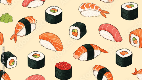 Vibrant Japanese sushi seamless pattern featuring maki, nigiri, and wasabi dollops on a light cream background for food designs.
