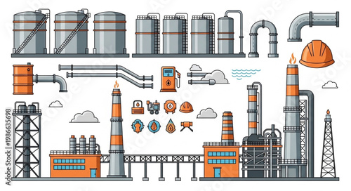 Oil Refinery Plant Illustration with Tanks, Pipes, and Structures.