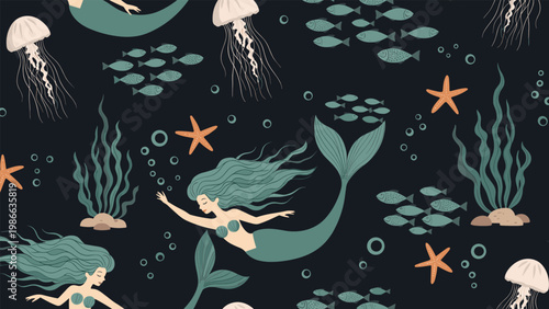 Magical underwater pattern with graceful mermaids, jellyfish, schools of fish, starfish, and seaweed on a dark ocean background.