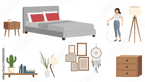 Cozy bedroom interior elements featuring a grey bed, bedside table, lamp, plant shelf, dresser, and wall art in a flat style.