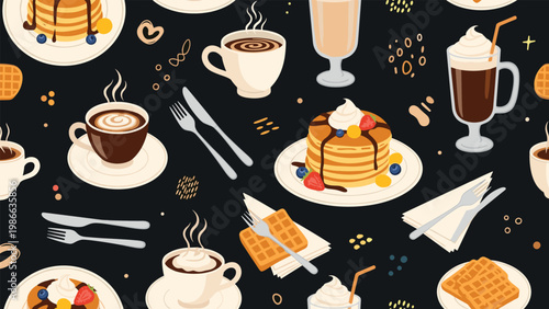 Delicious breakfast scene seamless pattern with stacks of pancakes, waffles, coffee cups, and lattes on a dark charcoal background.