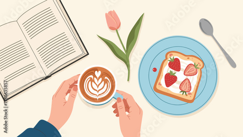 Top view of hands holding a coffee cup next to strawberry cream toast, an open book, and a single pink tulip on a light background.