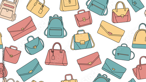 Colorful assortment of stylish fashion bags, backpacks, and clutches arranged in a vibrant seamless pattern on a white background.