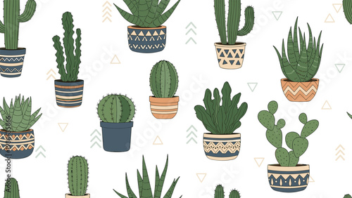 Seamless pattern featuring diverse cacti and succulents in patterned pots accented with geometric shapes on a clean white background.