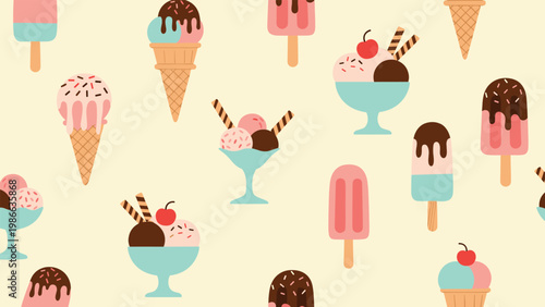 Sweet summer treats seamless pattern featuring diverse ice cream cones, popsicles, and sundaes on a warm pastel yellow background.