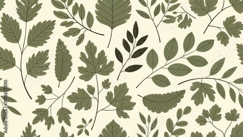 Elegant seamless pattern of assorted botanical tree leaves in shades of olive green over a soft neutral cream-colored background.