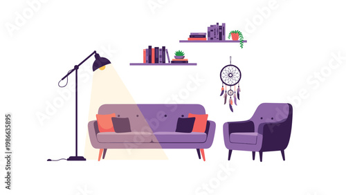 Cozy modern living room interior illustration featuring a purple sofa, matching armchair, floor lamp, and wall shelves with books.