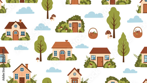 Cute seamless village pattern featuring small houses surrounded by lush trees, mushrooms, and fluffy clouds on a clean white background for kids.