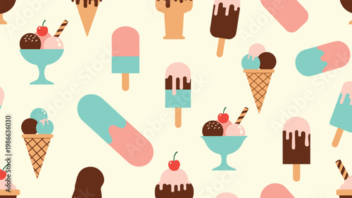 Colorful seamless pattern featuring diverse ice cream treats like cones, bowls, and popsicles in soft pastel colors for a delightful summer theme.