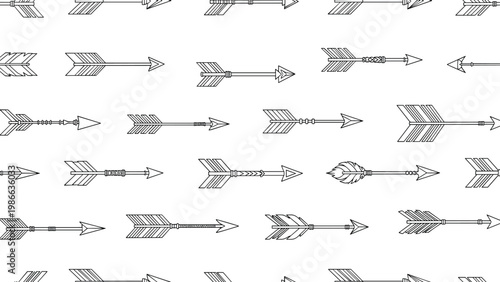 Intricate seamless pattern showcasing various tribal-style arrows with different fletching and tips in black and white line art for rustic decor.