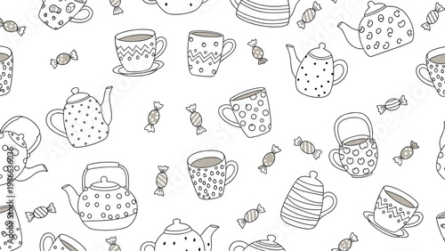 Charming seamless line art pattern depicting various teapots, cups of tea, and small candies in a whimsical hand-drawn style on white background.