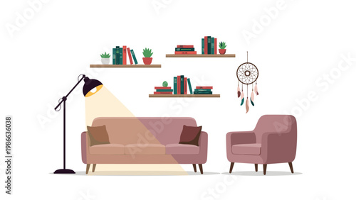 Modern living room interior illustration featuring a cozy pink sofa, armchair, bookshelves, and a floor lamp casting a warm glow in a minimalist home.