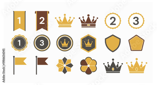 A collection of gold and brown award icons including ribbons with rankings and multiple crown designs arranged against a solid white background in a flat vector style.