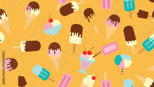 Energetic seamless pattern featuring various ice cream scoops, cones, and popsicles on a bright orange background for a fun summer treat design.