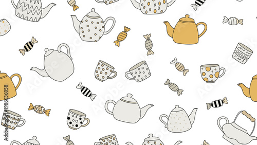 Delicate seamless pattern showing assorted teapots, cups, and candies in muted yellow, grey, and black tones on a clean white background.