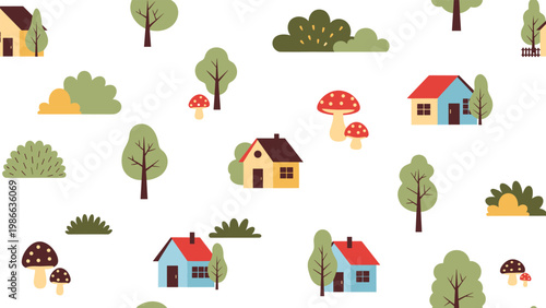 Colorful seamless pattern showcasing small houses with red and brown roofs nestled among trees and mushrooms for a storybook village aesthetic.