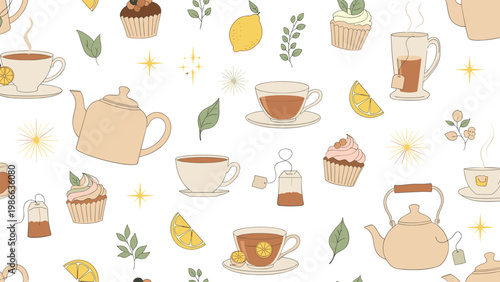 Delightful seamless pattern featuring teapots, cups of tea, tea bags, lemons, and pink cupcakes for a charming afternoon tea party background.