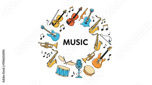 Collection of musical instruments like guitars, saxophones, violins, and drums arranged in a circle around the word MUSIC for an artistic design.