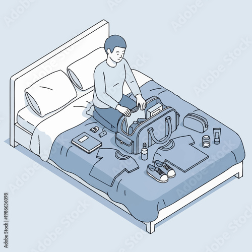 Man sitting on bed with travel gear.