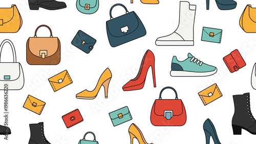 Stylish fashion pattern featuring various high heel shoes handbags boots and wallets for modern shopping concepts.
