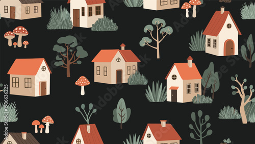 Enchanting pattern of small cozy houses pine trees and mushrooms on a black background for whimsical winter designs.