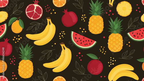 Bold and colorful pattern of tropical fruits like pineapple pomegranate and watermelon slices on a dark backdrop.