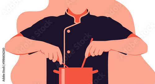 Minimalist Flat Vector Illustration of a Faceless Chef Cooking in a Pot