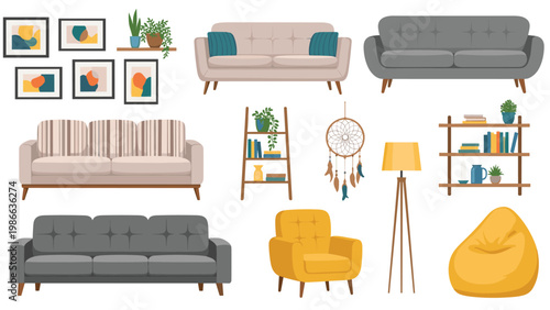 Extensive collection of modern living room furniture items including sofas chairs shelves and lighting for interior design.