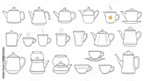 Line art set of various tea and coffee pots with matching cups and mugs for cafe and kitchen decorative elements.