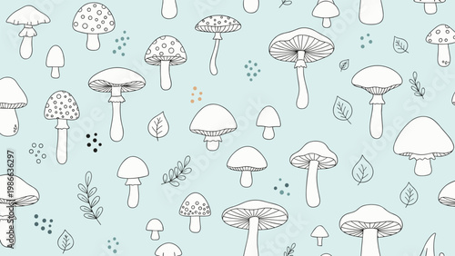 Seamless hand drawn pattern of various mushroom types and small leaves on a soft light blue background for nature art.