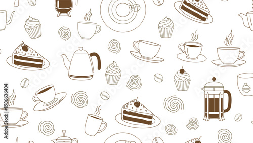Coffee and tea time pattern featuring cups cupcakes slices of cake and coffee beans for cafe and bakery themes.