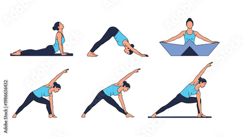 Professional illustration of a person practicing different yoga poses like downward dog and triangle for fitness.