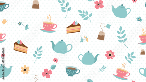 Whimsical tea party pattern with teapots cups of tea cake slices and flowers on a subtle dotted white background.