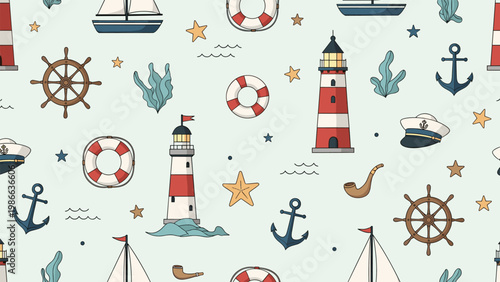 Nautical seamless pattern featuring red and white lighthouses sailboats anchors and lifebuoys on a light background.