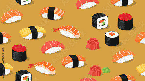 Tasty sushi pattern featuring various types of nigiri and maki rolls with ginger and wasabi on an orange backdrop.