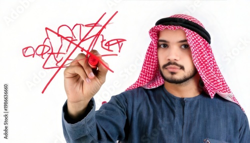 Arab man crossing out text with red marker on white.