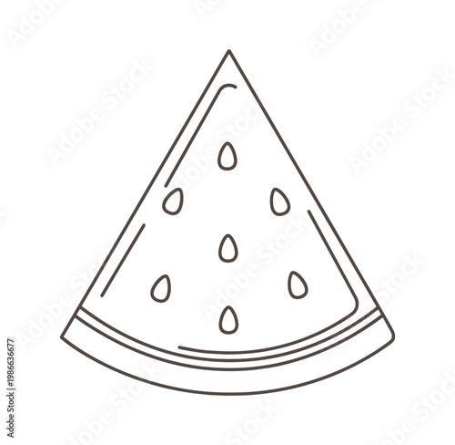 A simple line drawing of a slice of watermelon with seeds  a popular summer fruit