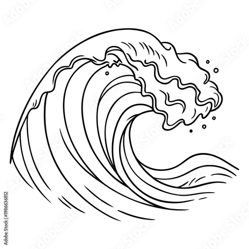 A minimalist line art illustration of a crashing ocean wave in a simple black and white design
