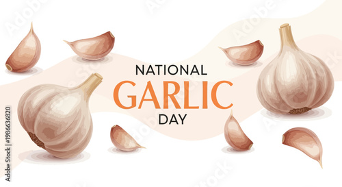 Celebrating National Garlic Day with a vector illustration featuring fresh garlic cloves and bulbs arranged artfully against a light, creamy background, evoking a healthy cooking ingredient