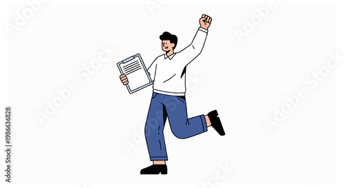 An energetic man in a white shirt and blue pants jumps in the air while holding a clipboard and raising his fist in a successful gesture.