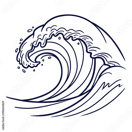 A minimalist vector graphic illustration of a crashing ocean wave in a simple line art style