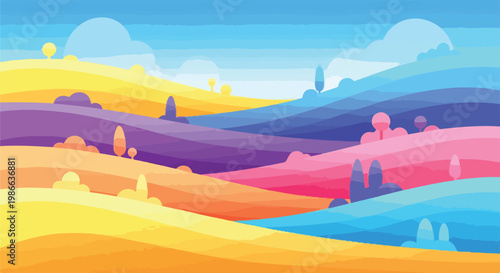 A vibrant, multicolored rolling hills landscape