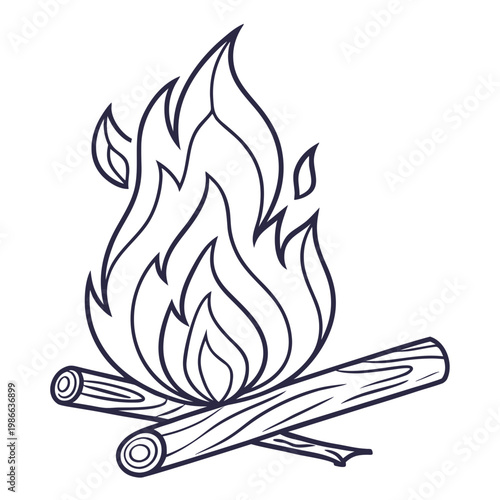 A minimalist vector illustration of a campfire with flames and logs on a white background