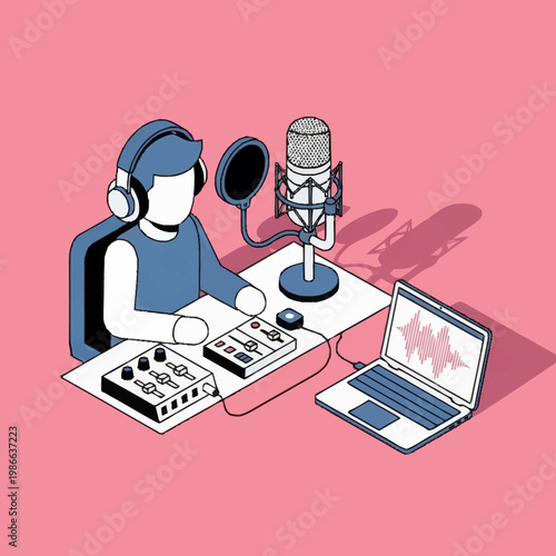 A person recording a podcast with a microphone and laptop.