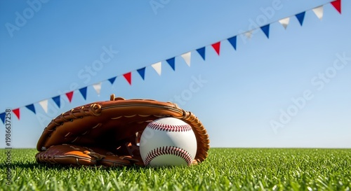 Happy 4th july baseball game with mitt on green grass field