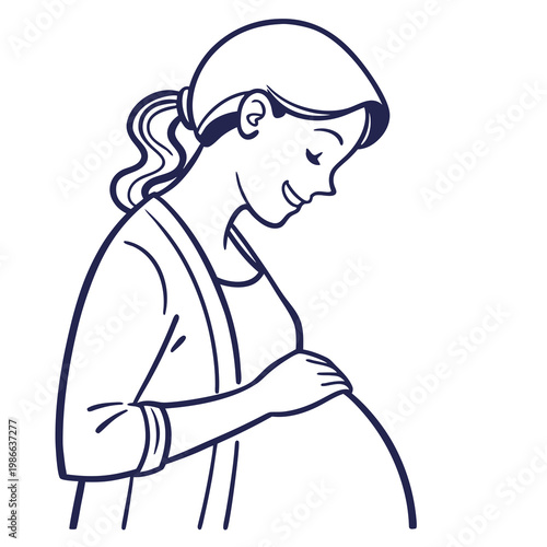 A minimalist line art illustration of a pregnant woman in a serene pose