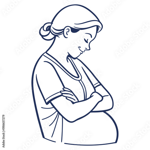 A pregnant woman with her arms crossed and a calm expression in a simple line art style